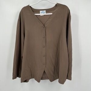 Womens Vintage Minimalist Silk Blouse Sz 12 Brown Button Front Old Money Capsule